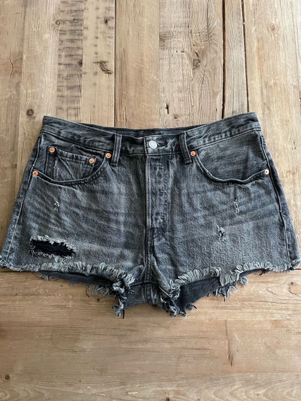 Levi's: 501 Grayish/Black Distressed Denim Cutoff Shorts